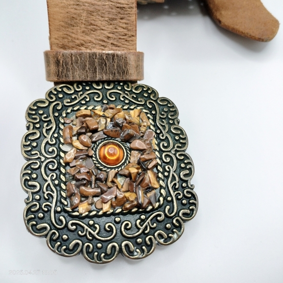 Women's Brown Gold  Brush Tooled Leather Belt with Ornate Buckle Boho Western - Picture 2 of 16
